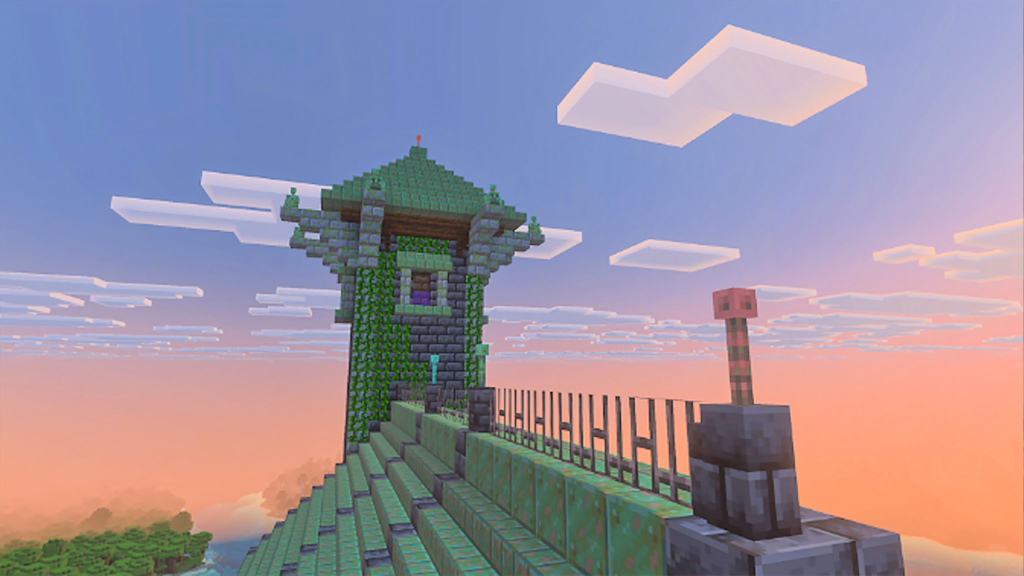 Крыша здания в обновлении Minecraft Copper Age с медным громоотводом.
