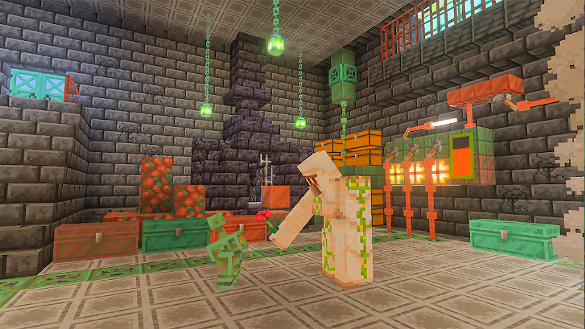 Железный голем дарит цветок медному голему в обновлении Minecraft Copper Age.