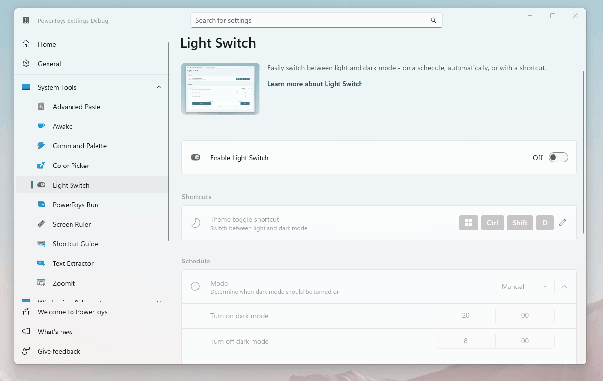 PowerToys Light Switch settings