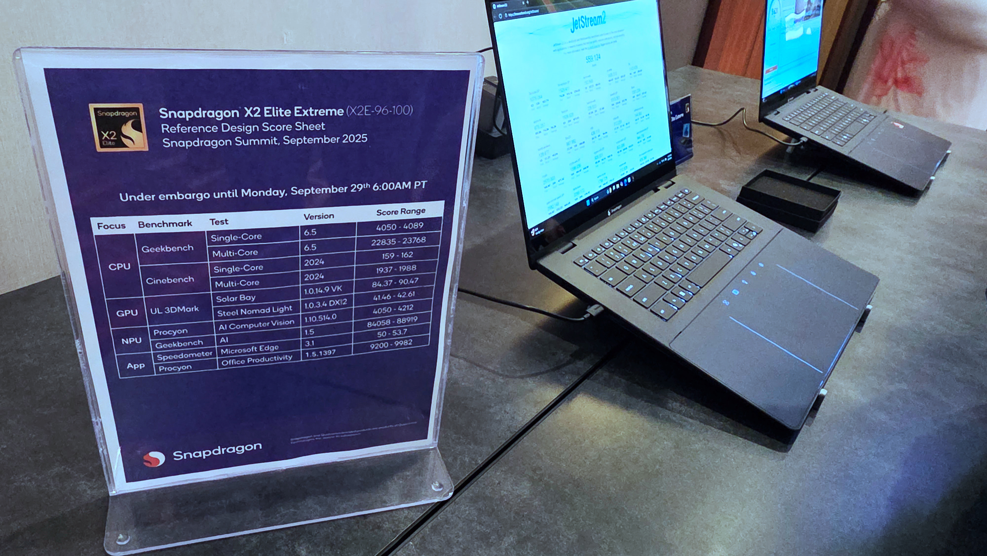 Images of Qualcomm's new Snapdragon X2 Elite Extreme processor, benchmarks from reference design laptops, and pictures from the announcement at the Snapdragon Summit (2025).