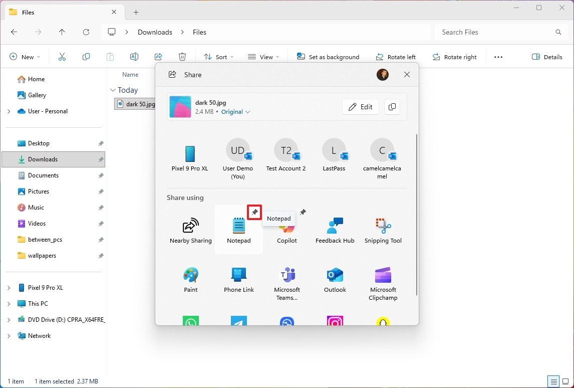 Возможность закрепления приложений в меню "Поделиться"