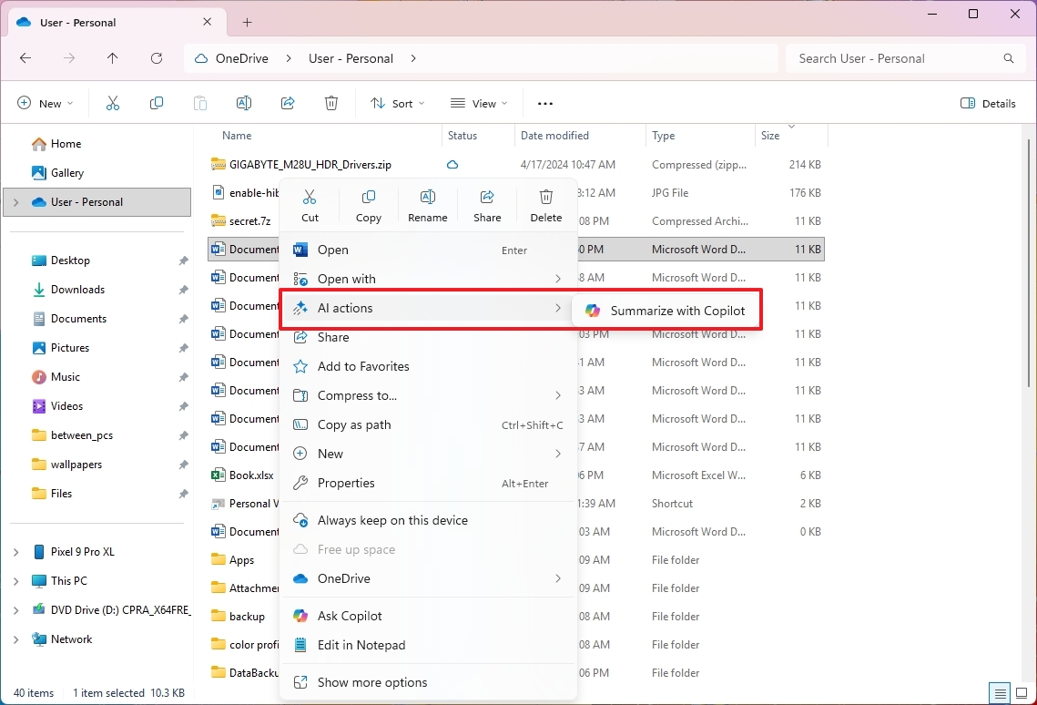 Функция Summarize action in Copilot