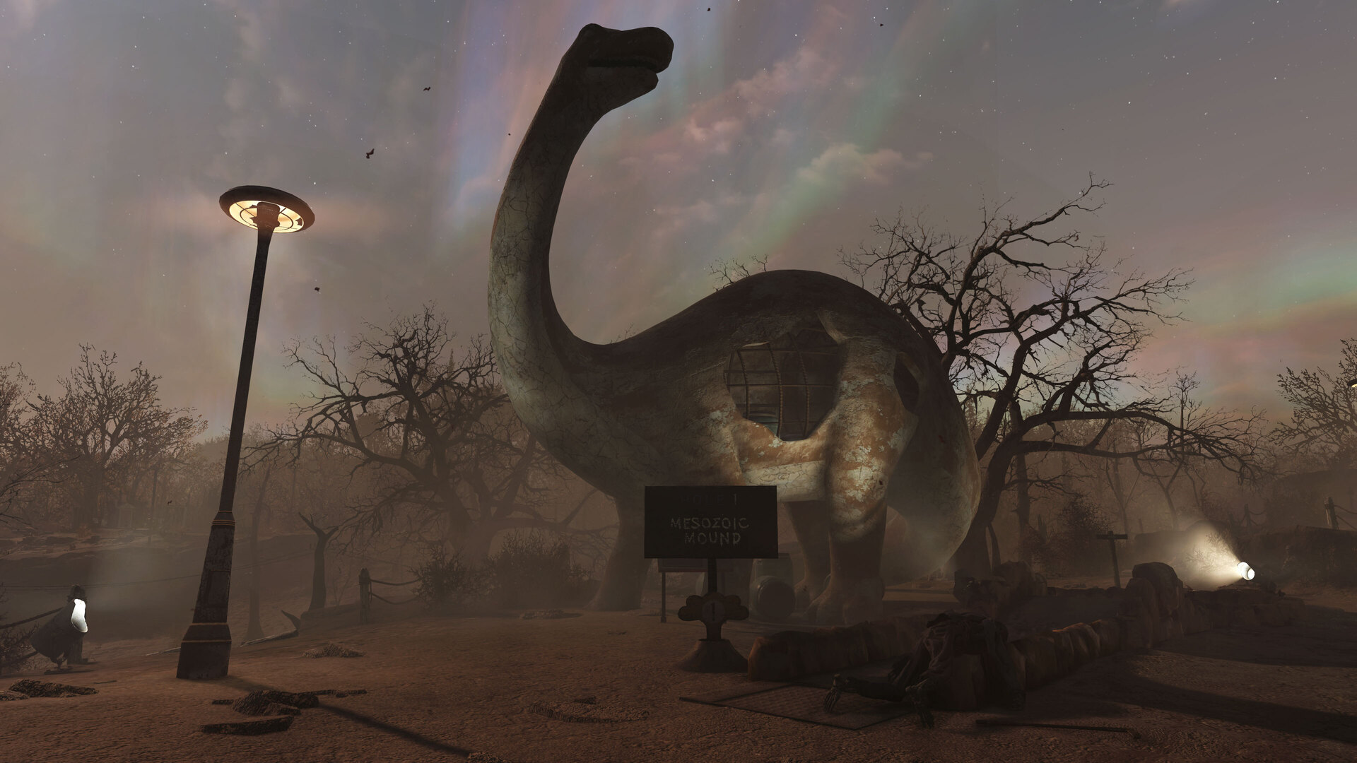 Fallout 76 screenshot of a dinosaur statue.