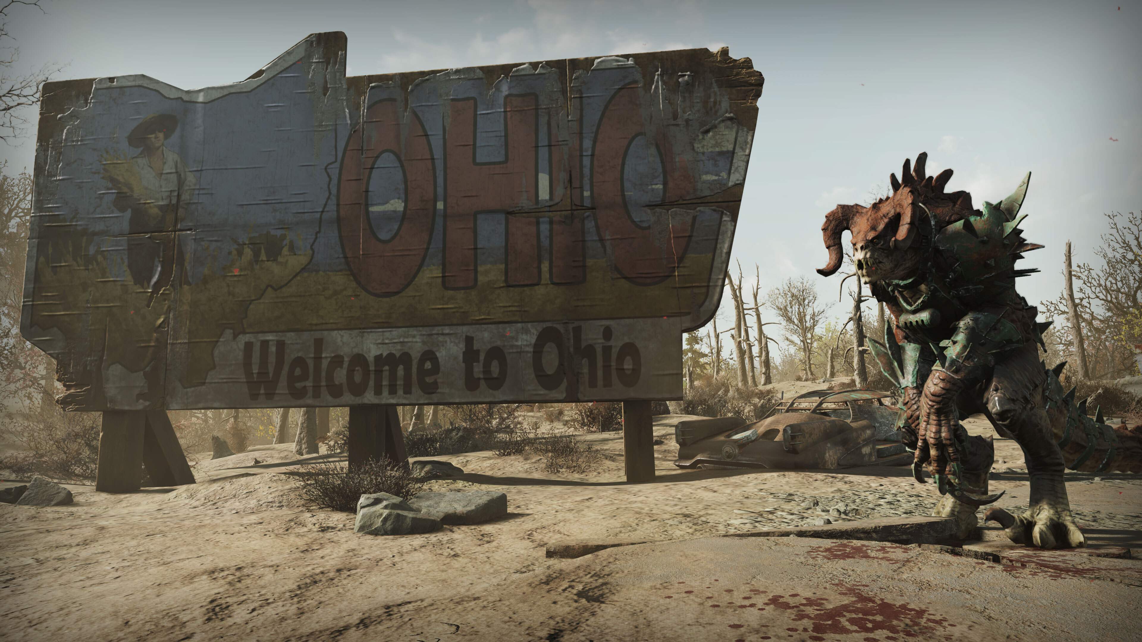 Fallout 76 Burning Springs screenshot of a Deathclaw by an Ohio sign.
