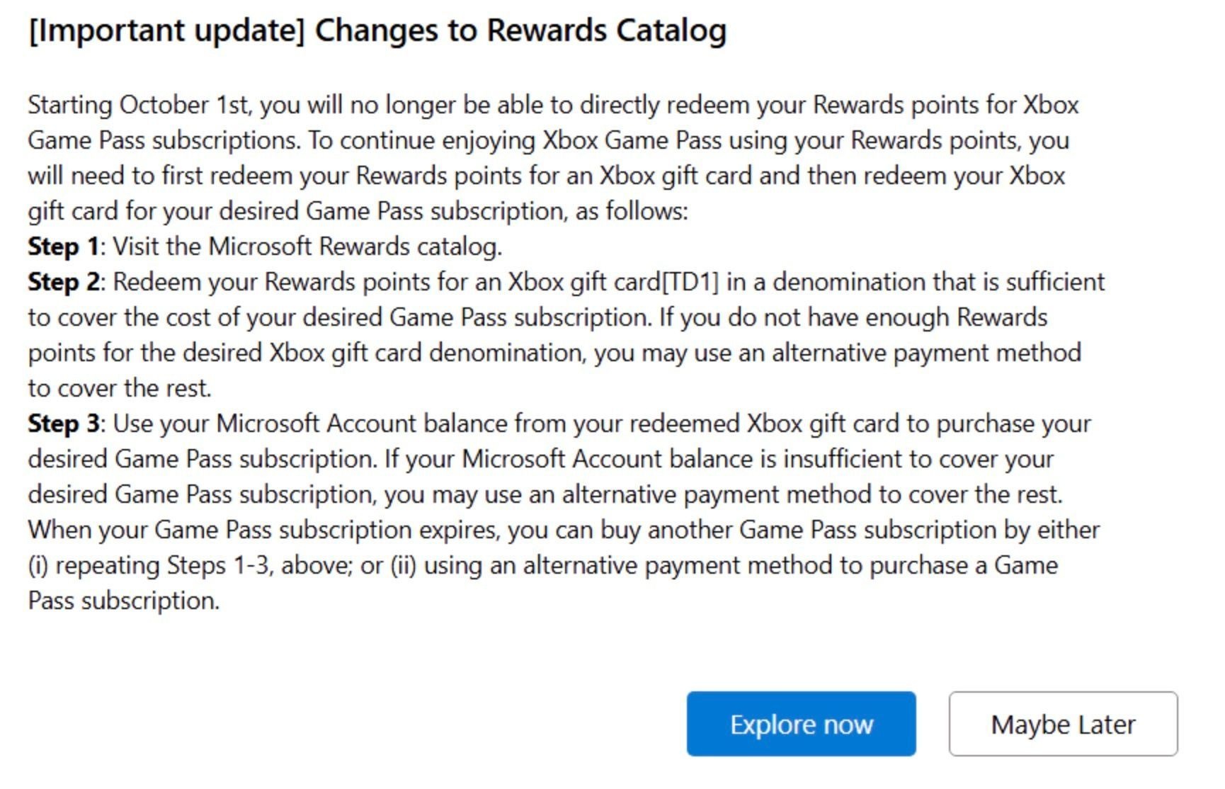 Text from Microsoft Rewards stating that you can no longer trade points for Xbox Game Pass subscriptions