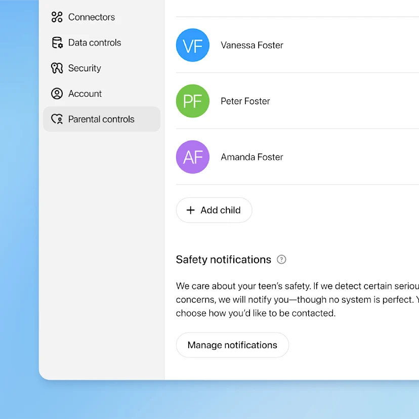 ChatGPT Parental Controls panel