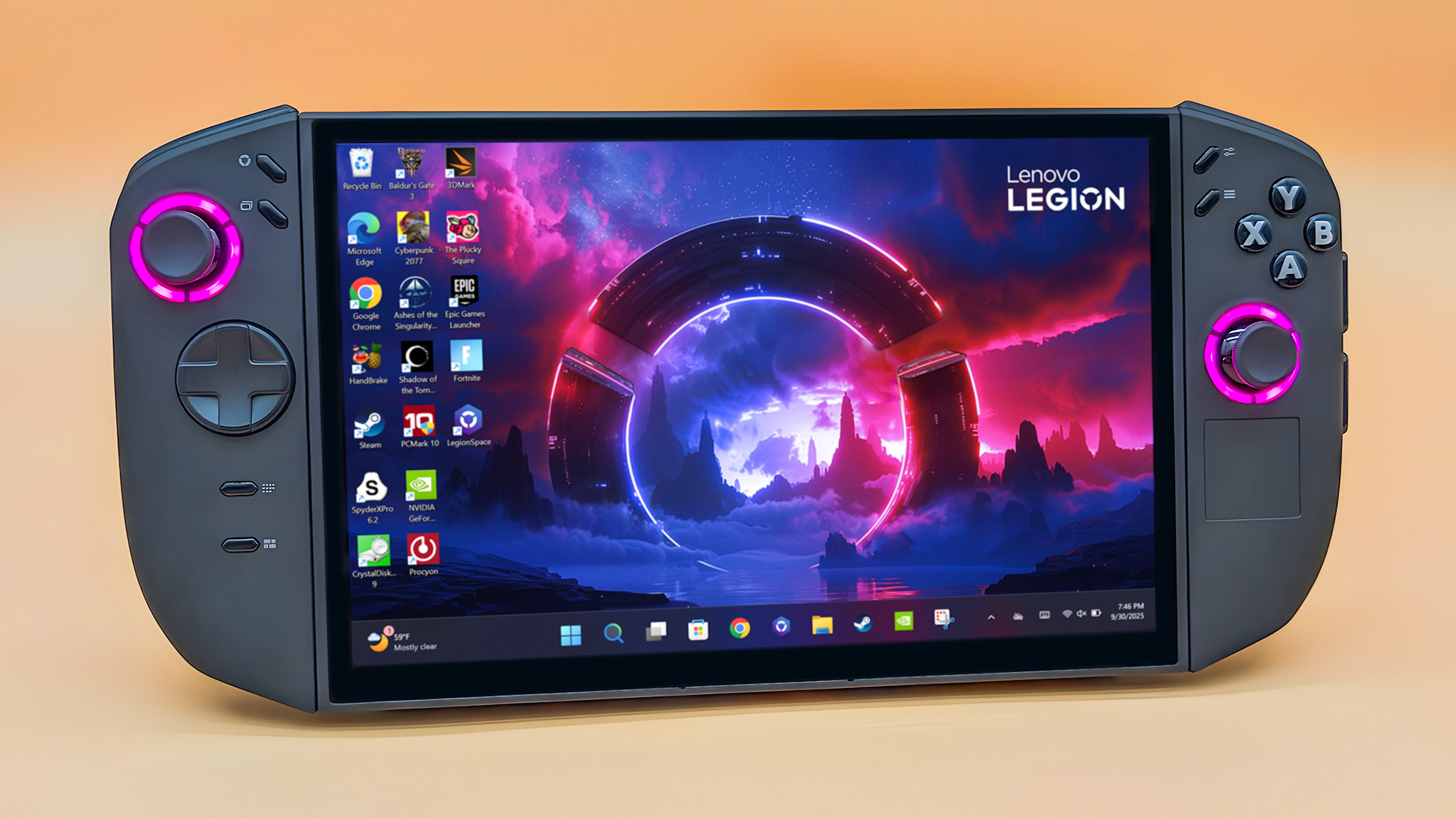Lenovo Legion Go 2 стоит вертикально с прикрепленным контроллером. Область RGB-подсветки вокруг джойстиков светится розовым цветом.