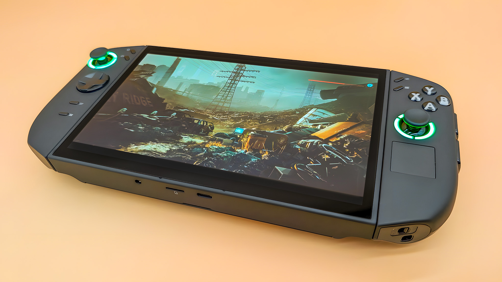 Lenovo Legion Go 2 лежит на спине и запускает Cyberpunk 2077.