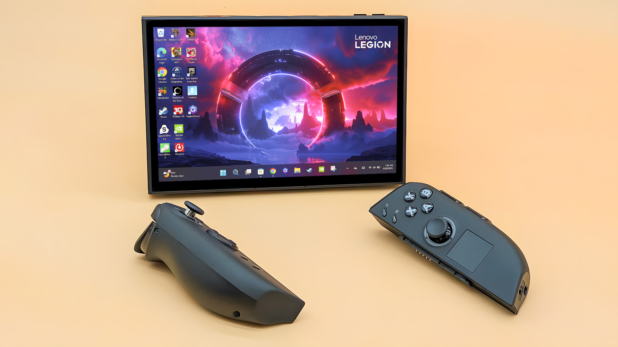 Lenovo Legion Go 2 опирается на свою подставку, а контроллеры отсоединены и лежат перед ним.