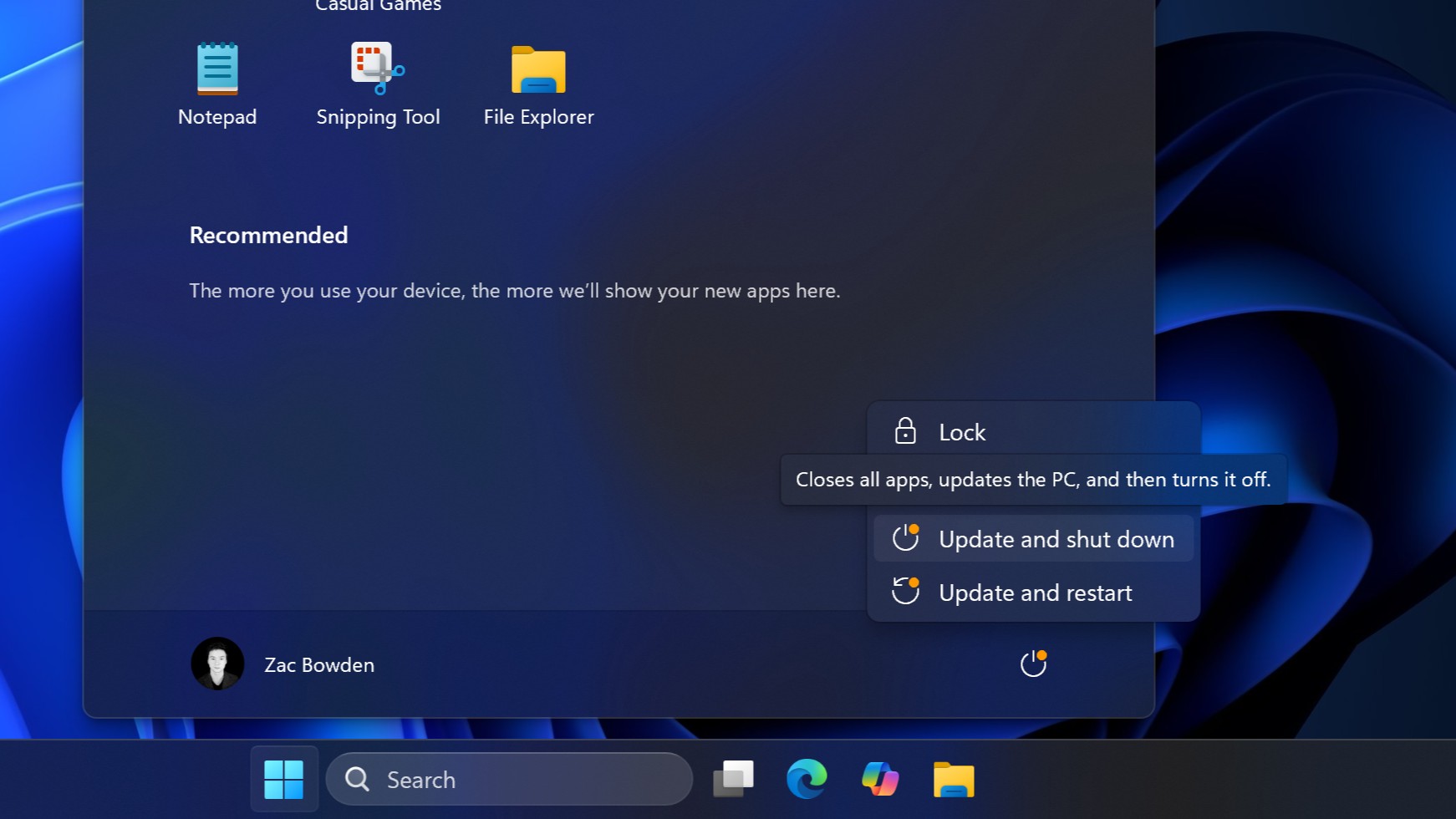 Windows 11 update shutdown option in Start
