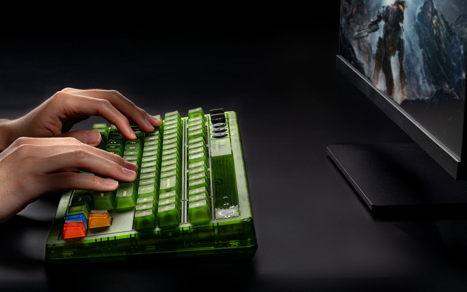 Promotional screenshot of the 8BitDo Retro 87 keyboard in action.