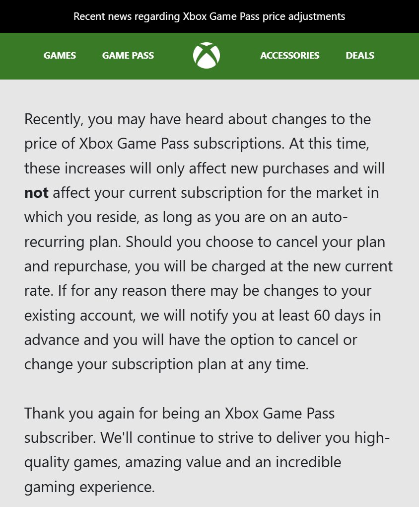 The email that Microsoft recently sent out to Xbox Game Pass Ultimate subscribers.