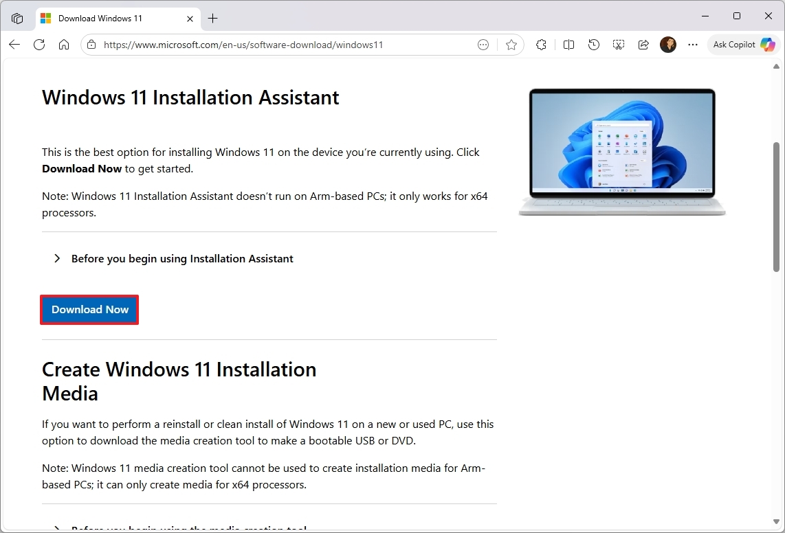 Загрузка Помощника по установке Windows 11