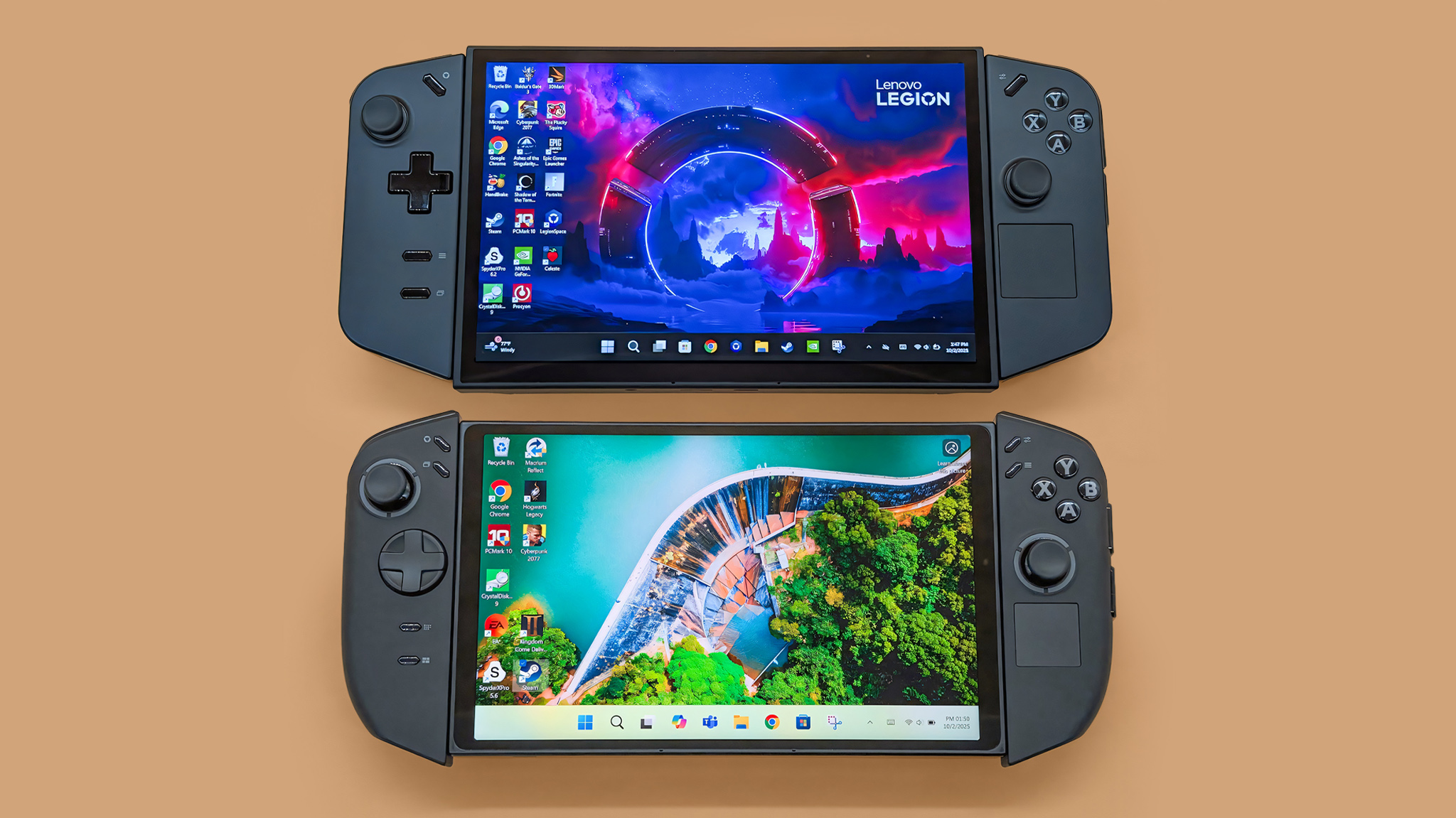 Legion Go 2 and Legion Go lying on their backs, but with each other's controllers attached.