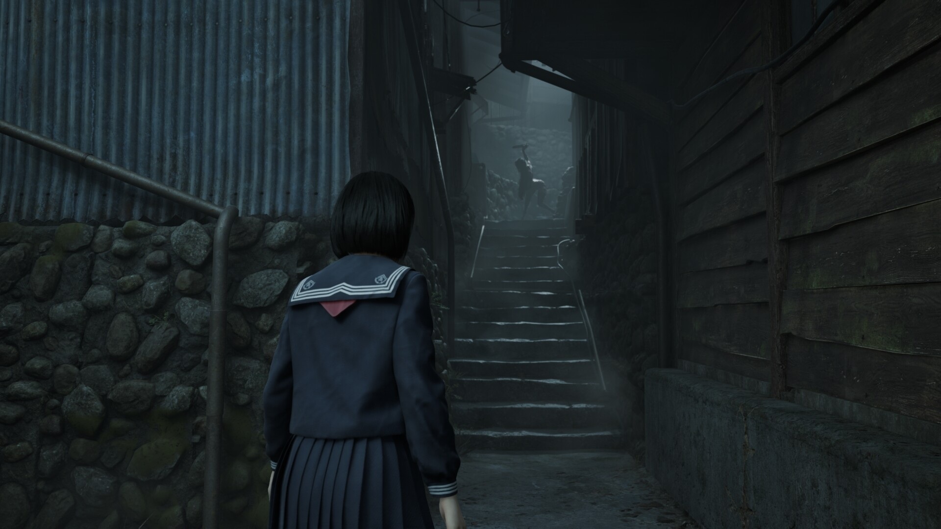Девушка смотрит на монстра в Silent Hill f