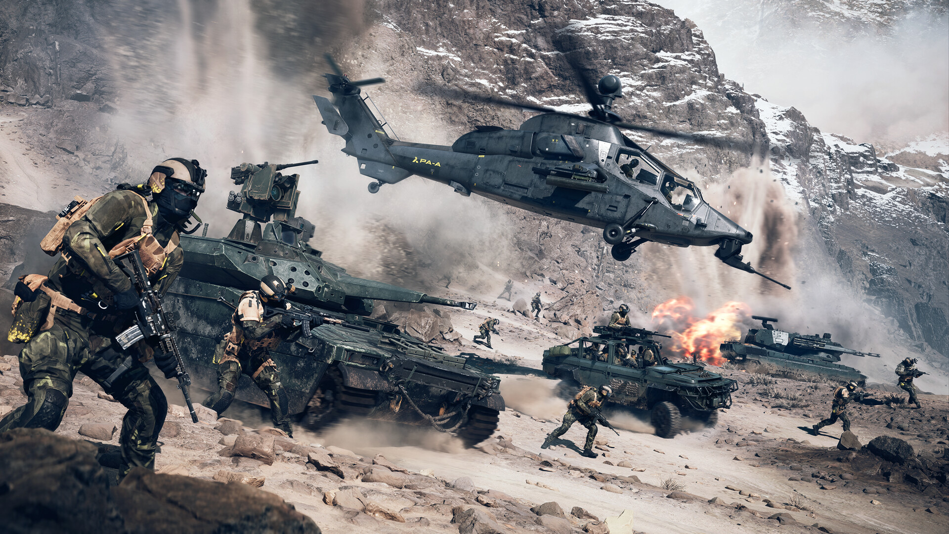 Скриншот геймплея Battlefield 6, демонстрирующий пехоту и технику, включая танк и вертолет.