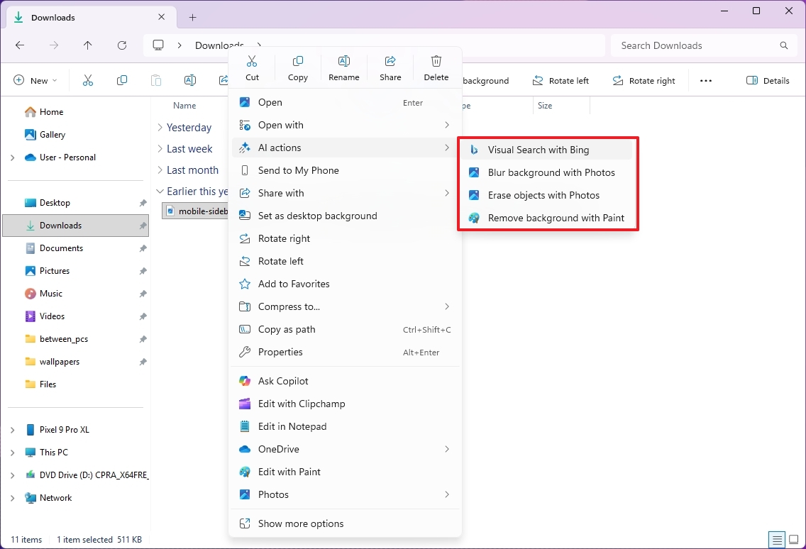 File Explorer AI actions