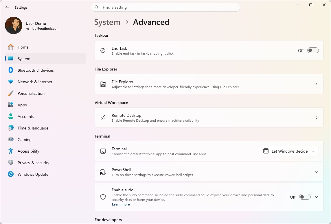 Advanced settings page