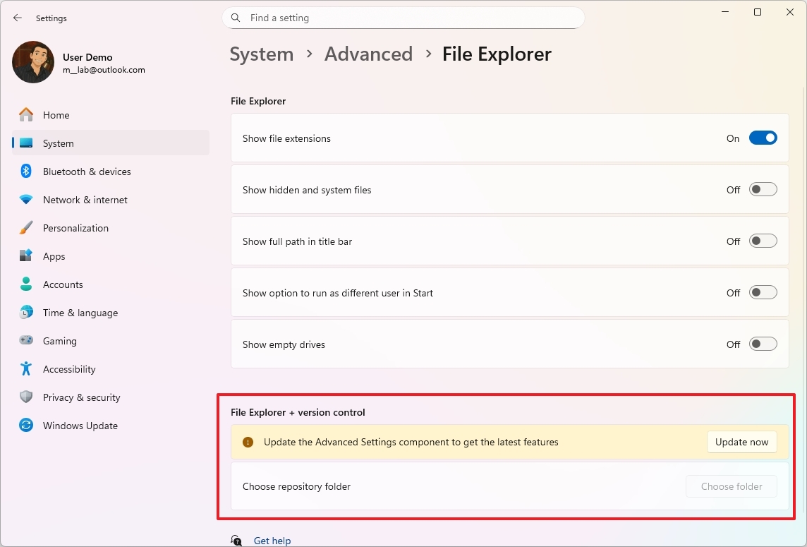 Advanced settings with File Explorer