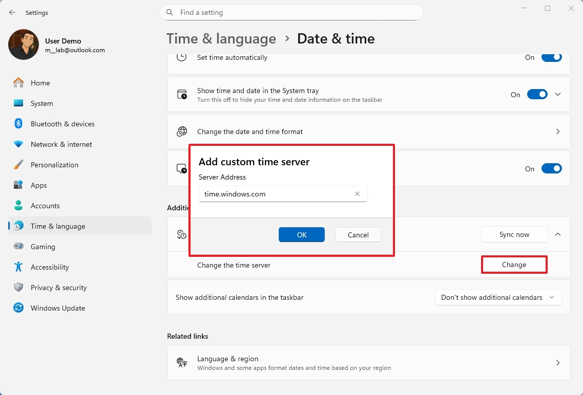 Change time server on Windows 11