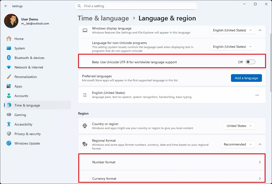 New Regional format settings