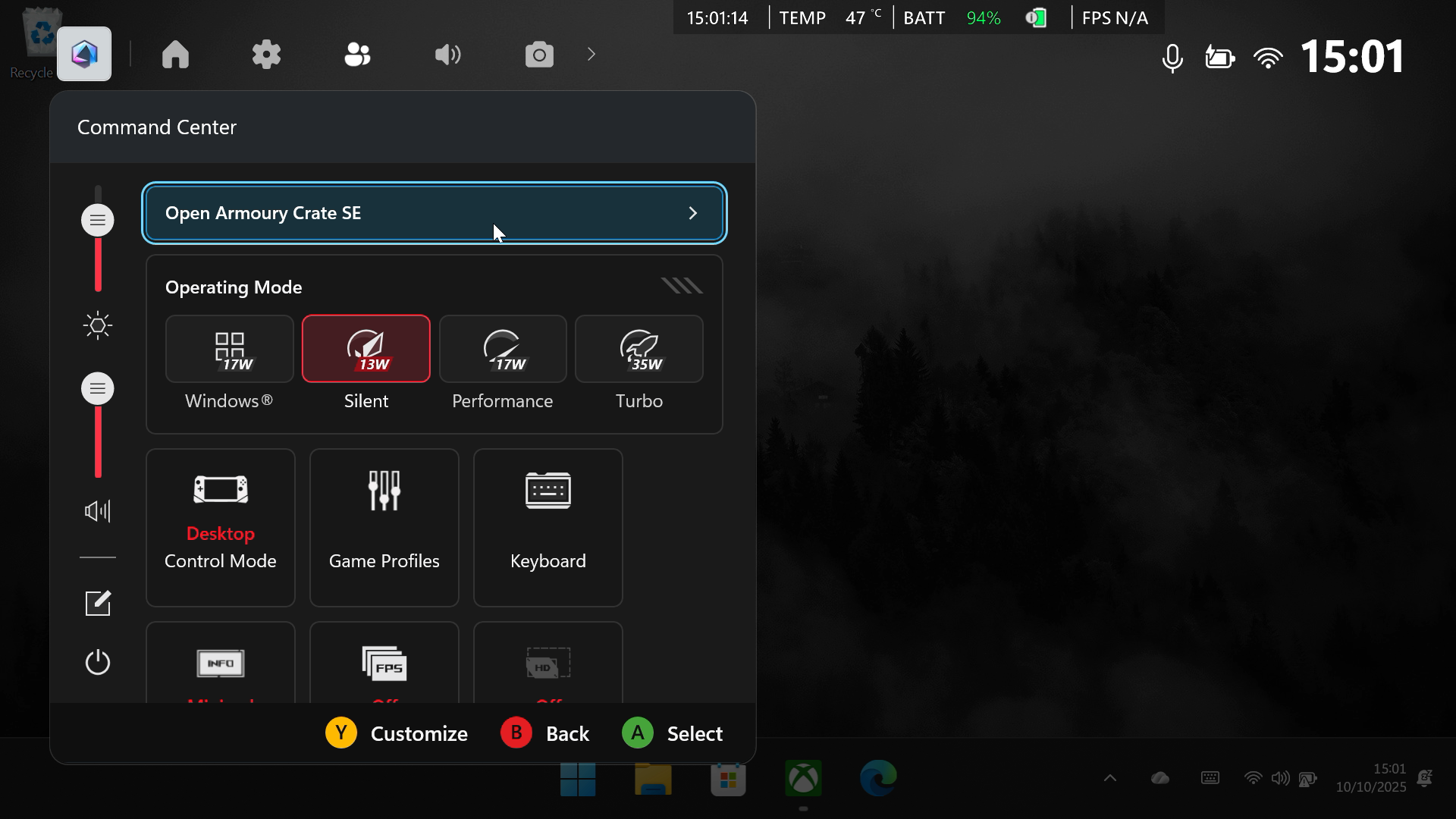Центр управления Armoury Crate на Xbox Ally