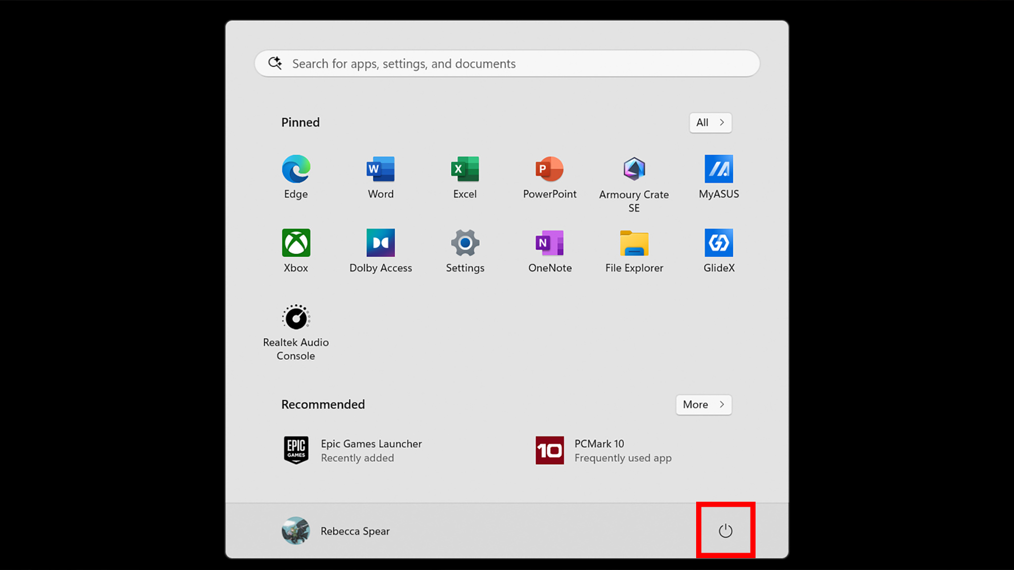 Скриншот меню Windows с кнопкой питания, выделенной красным прямоугольником.