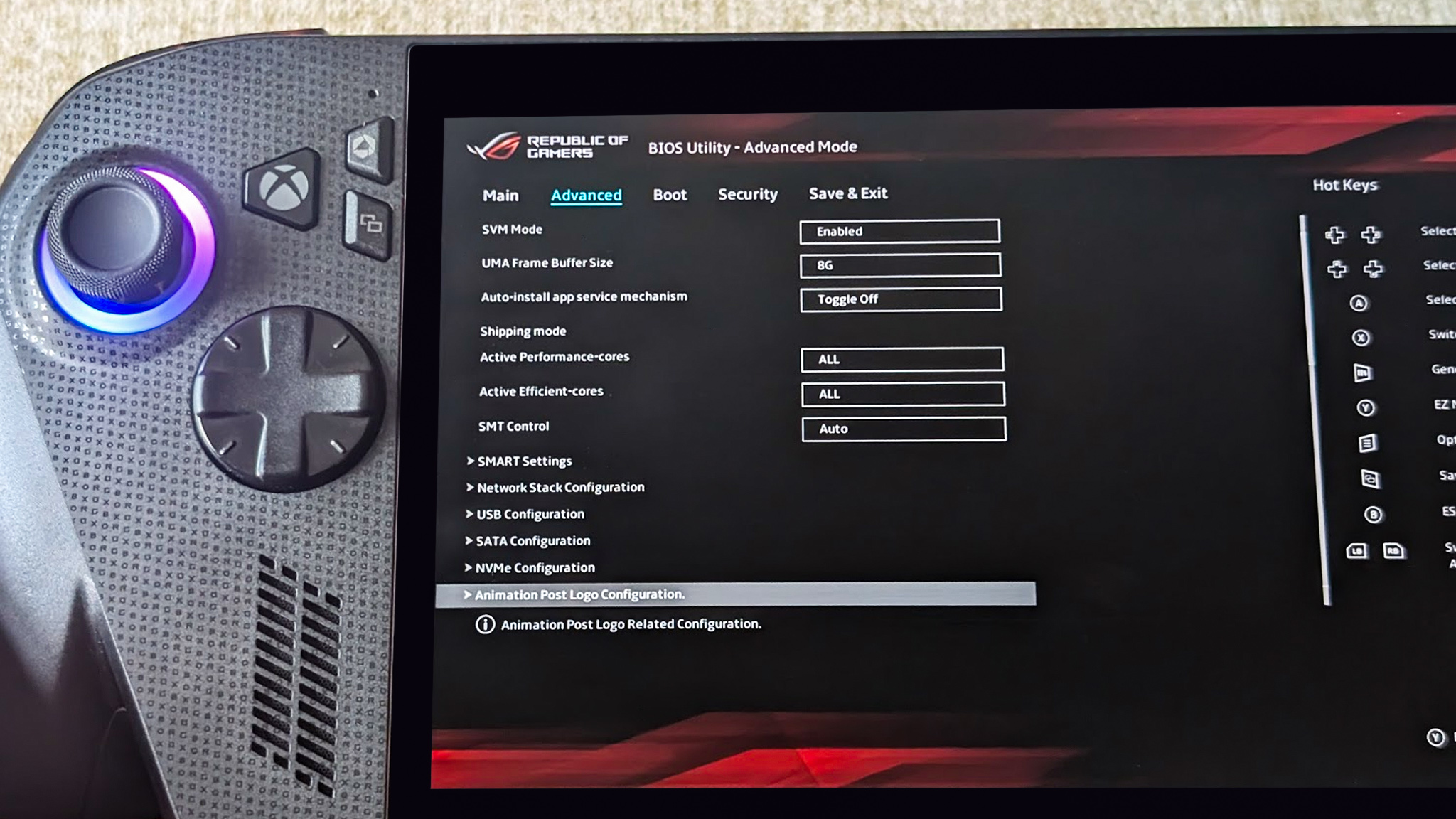 Скриншот, показывающий BIOS Xbox Ally X с выбранной вкладкой Advanced.