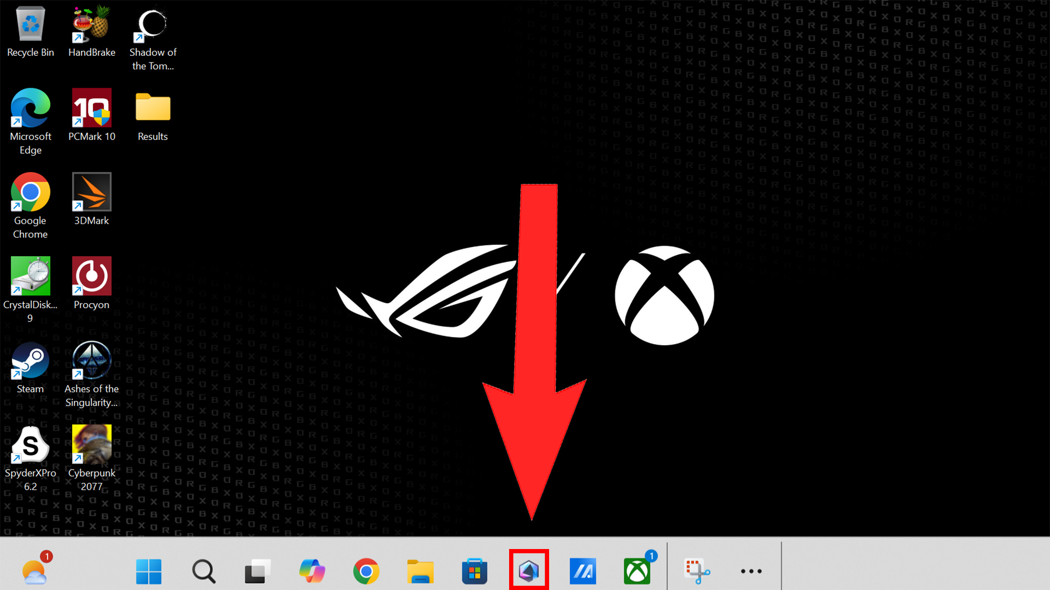 Скриншот, сделанный на Xbox Ally X, показывающий стрелку, указывающую на значок Armoury Crate в системном трее.