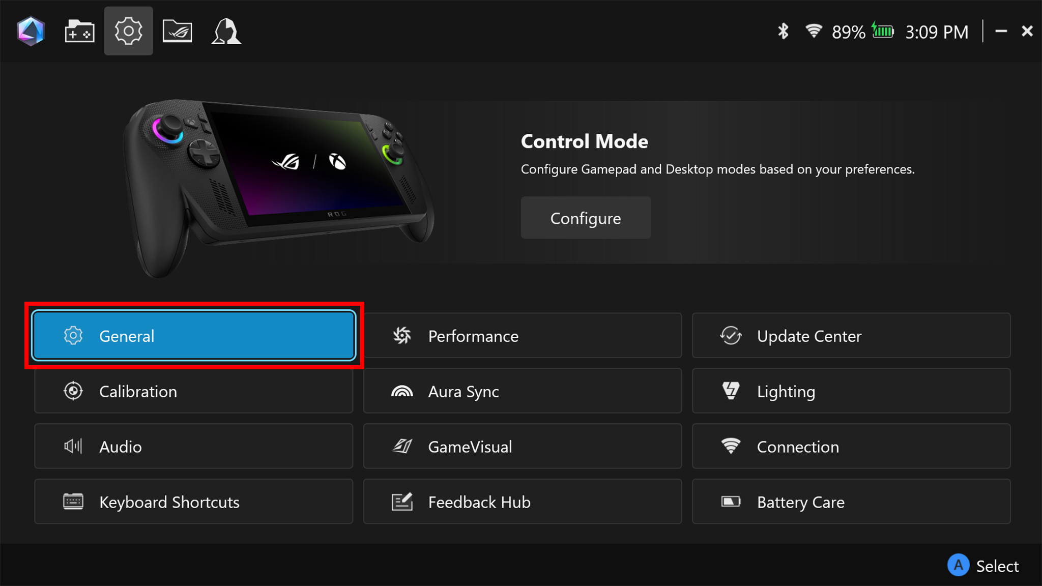Скриншот, сделанный на Xbox Ally X, показывающий General, выделенный красным прямоугольником.