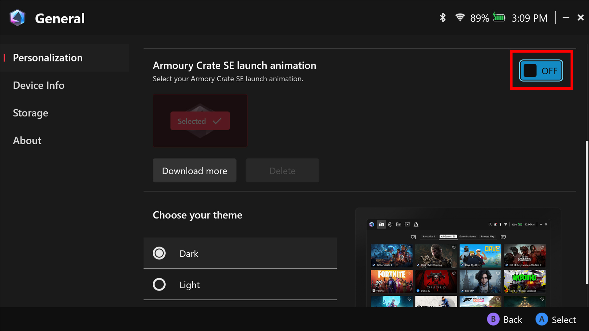 Скриншот, сделанный на Xbox Ally X, показывающий отключенную анимацию запуска Armoury Crate SE.