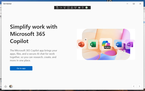 Интерфейс "Начало работы", описывающий возможности Microsoft 365 Copilot, и предлагает ссылку на приложение.