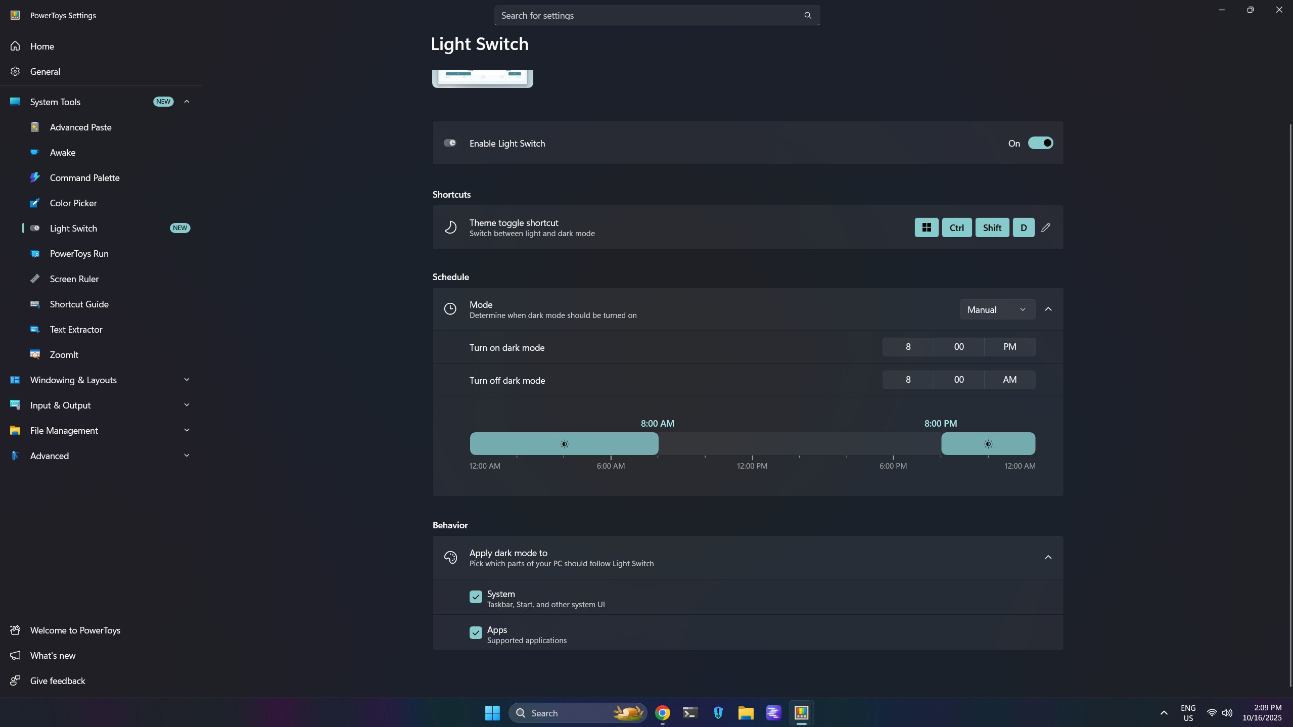 PowerToys Light Switch settings and customizations.