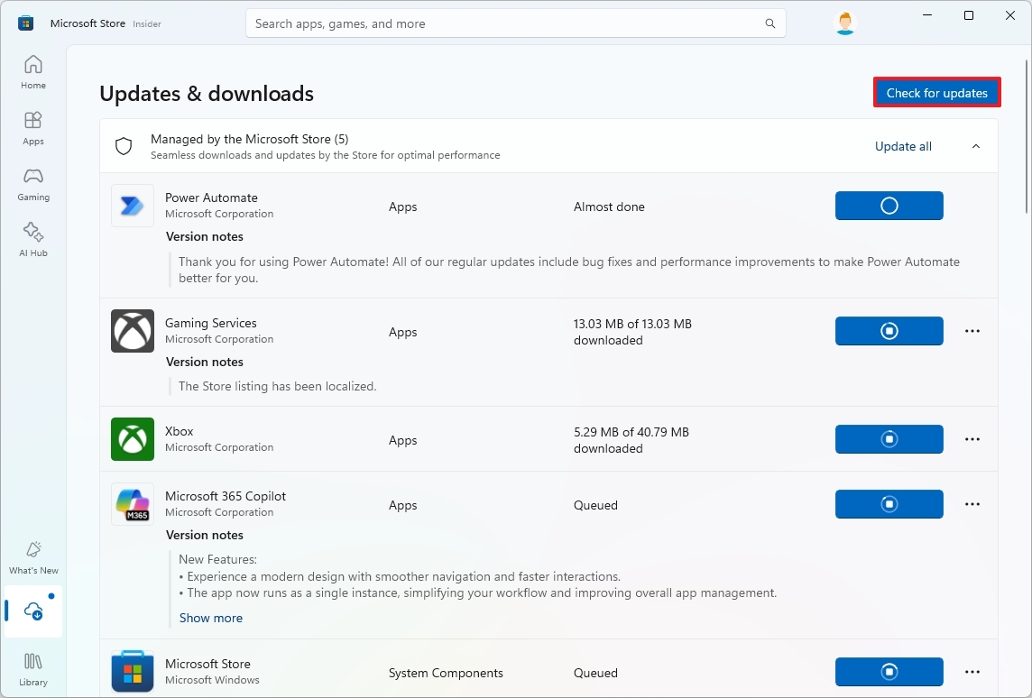 Microsoft Store check for updates option