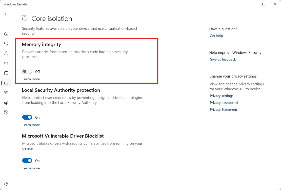 Memory Integrity disabled