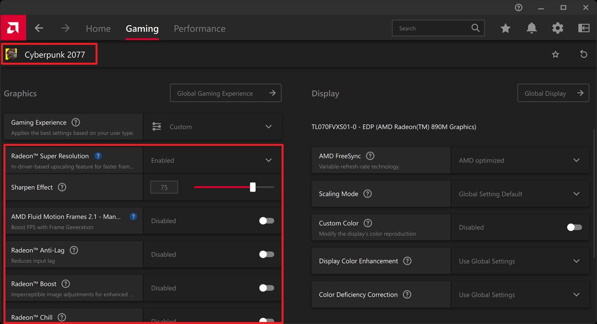 Xbox Ally AMD check settings per game