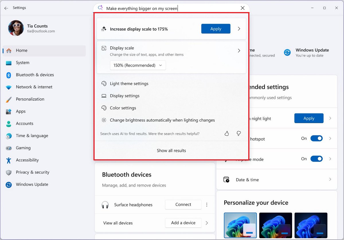 Settings app better AI agent search