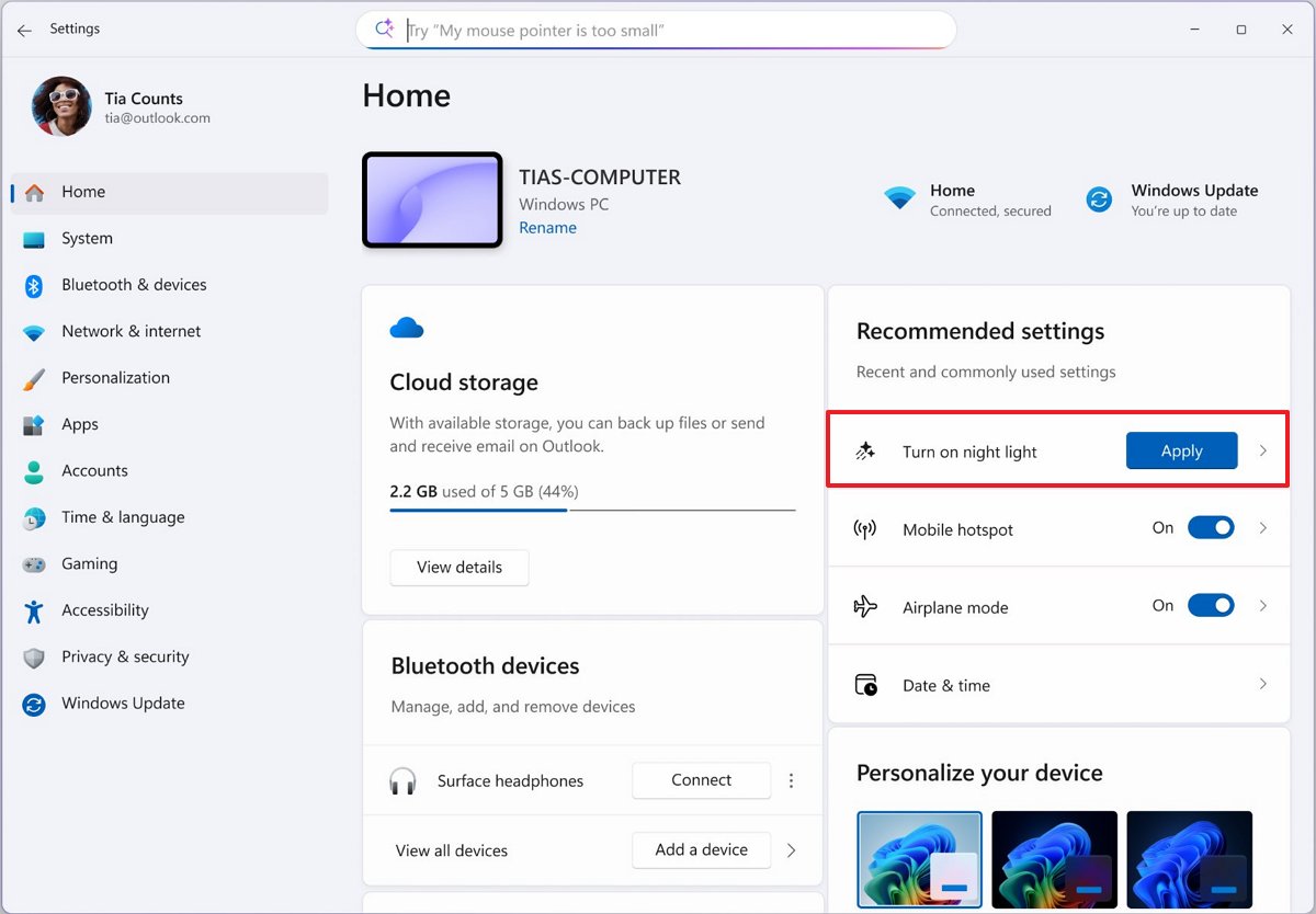 Settings Home with AI agent recommendations