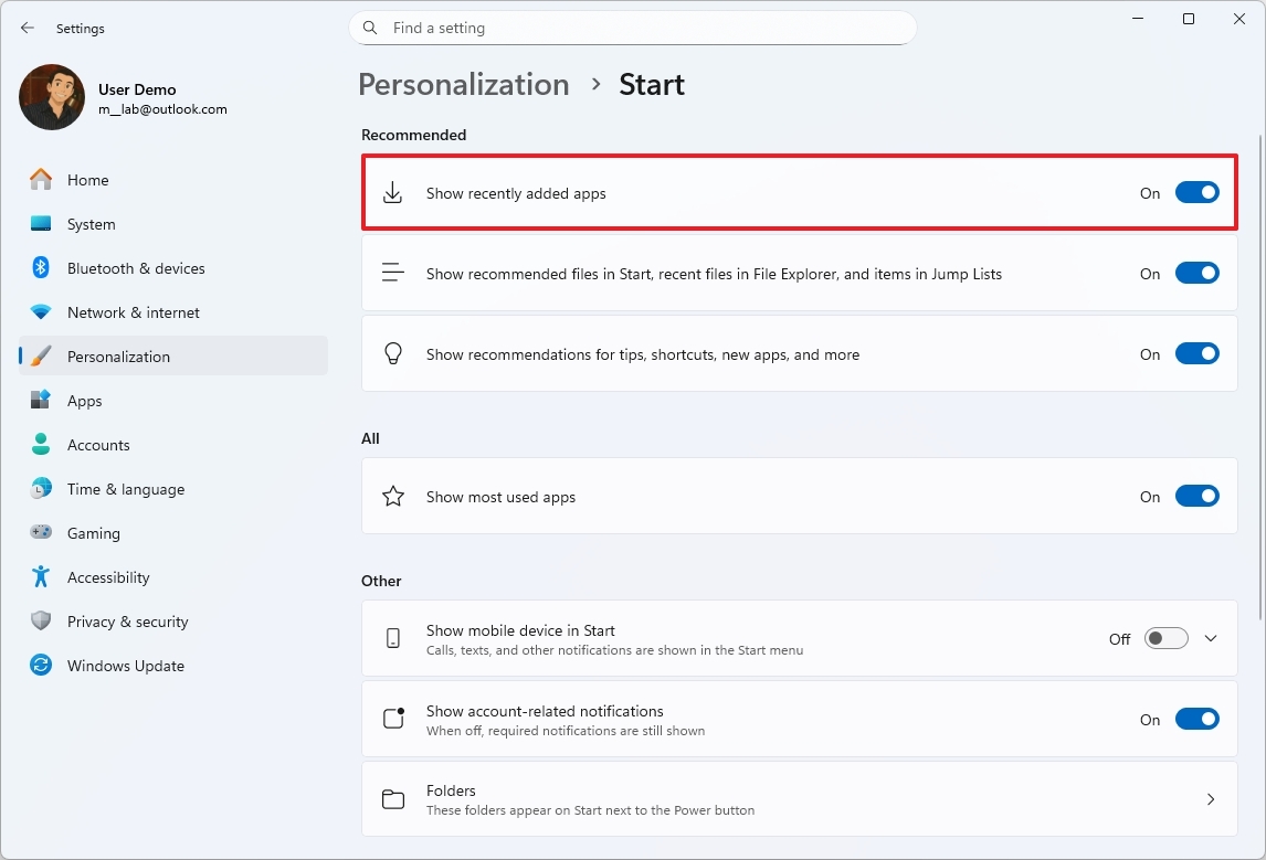 Windows 11 Start menu settings