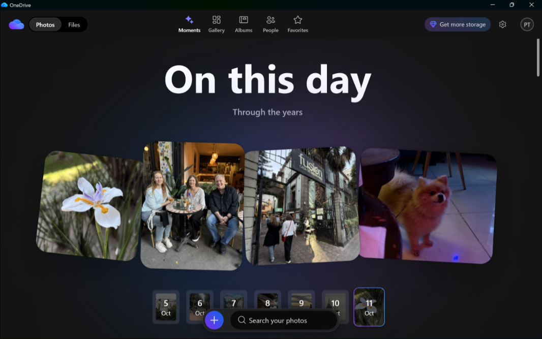 Вид "Моменты" в новом приложении OneDrive