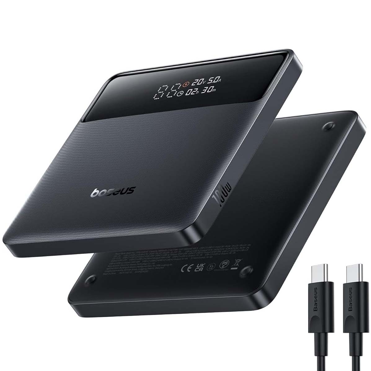 Baseus Laptop Power Bank and USB-C cable on a white background. ![