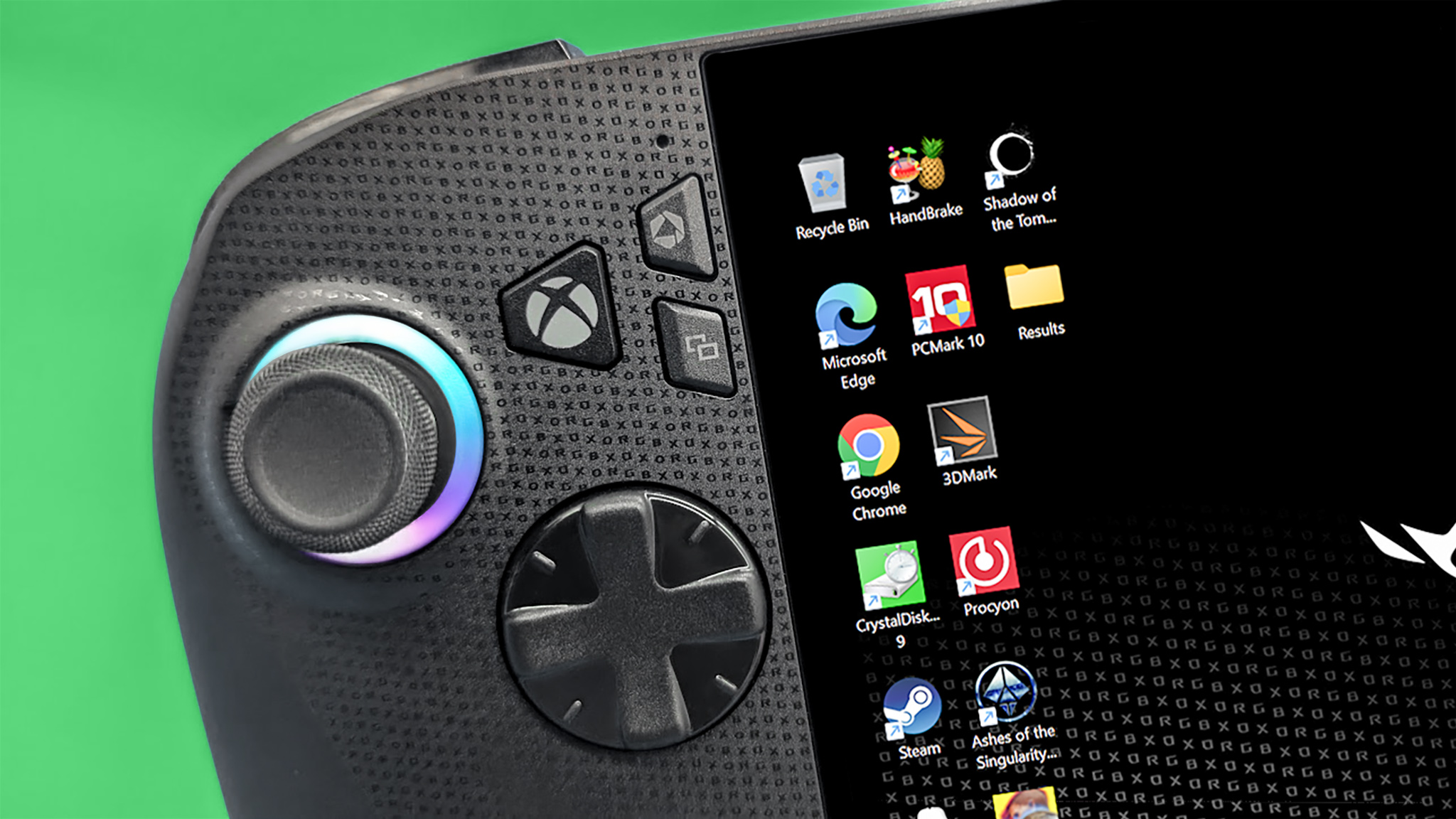 Крупный план D-Pad, кнопки Xbox и джойстика ROG Xbox Ally X.