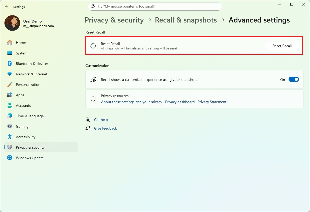 Сброс функции Recall в "Параметрах" Windows 11