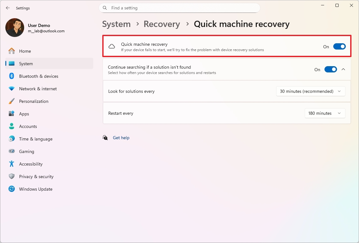 Настройки Quick Machine Recovery