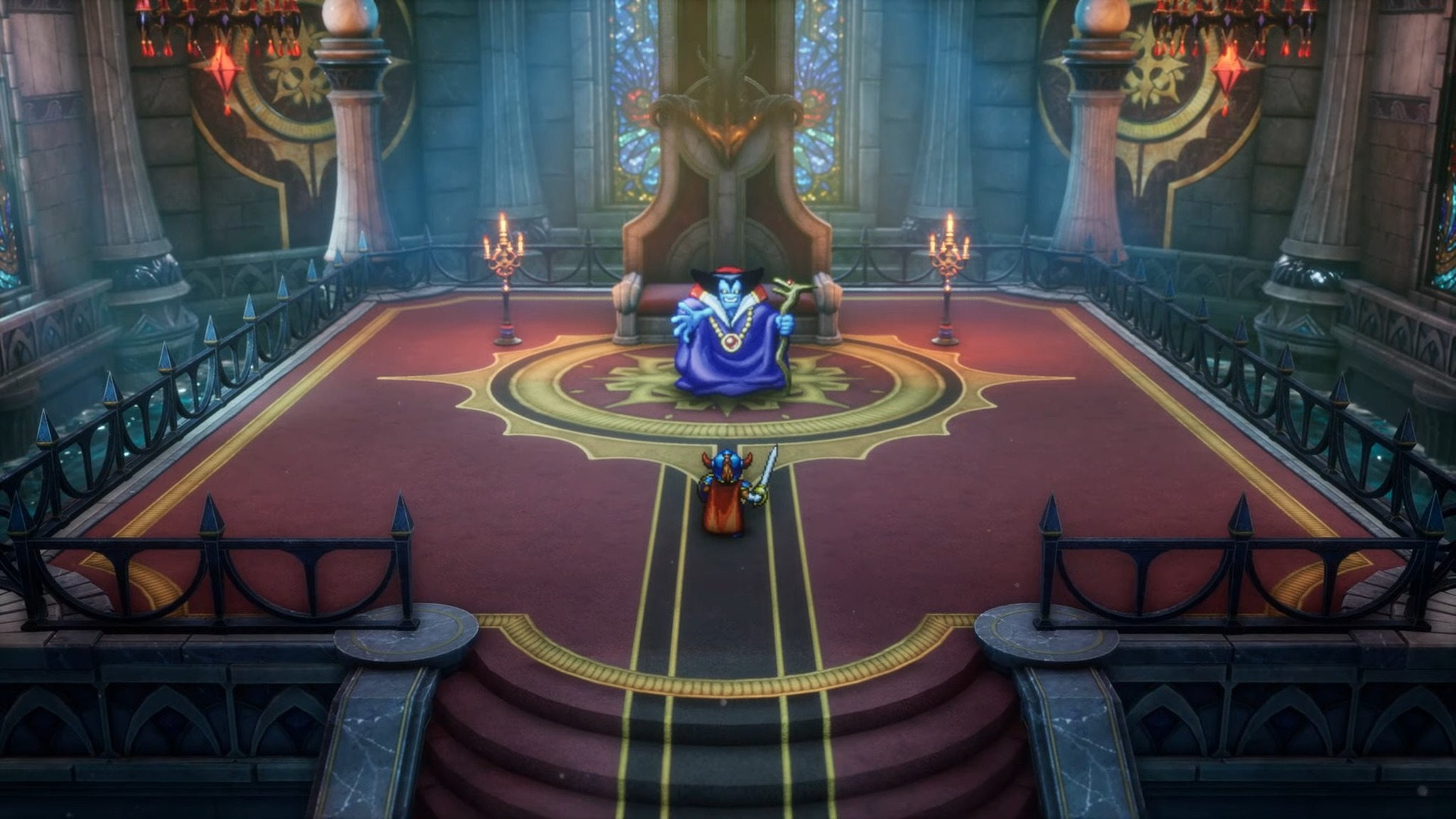 Скриншот трейлера, где герой противостоит Драконлорду в Dragon Quest I & II HD-2D Remake.