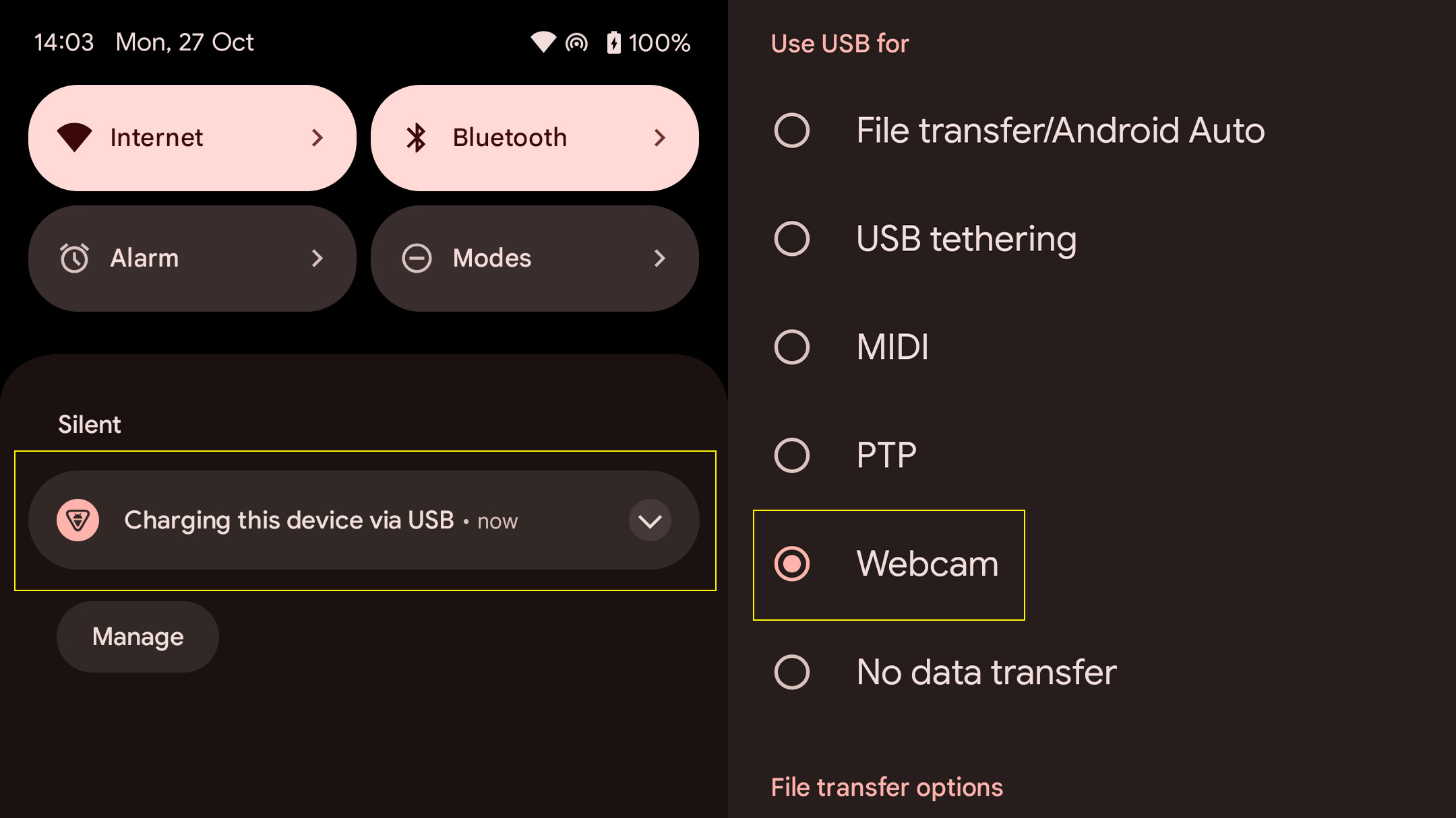 Выбор режима USB веб-камеры на Android, Google Pixel 7 Pro