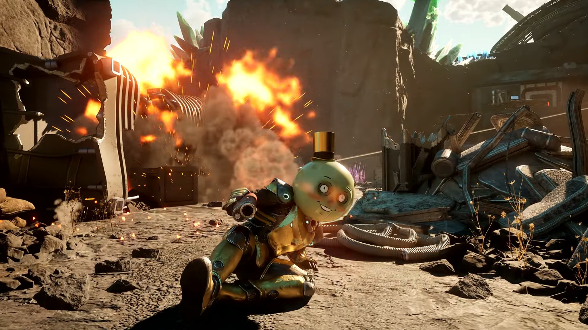 Кадр из трейлера, где игрок уклоняется от опасности в The Outer Worlds 2