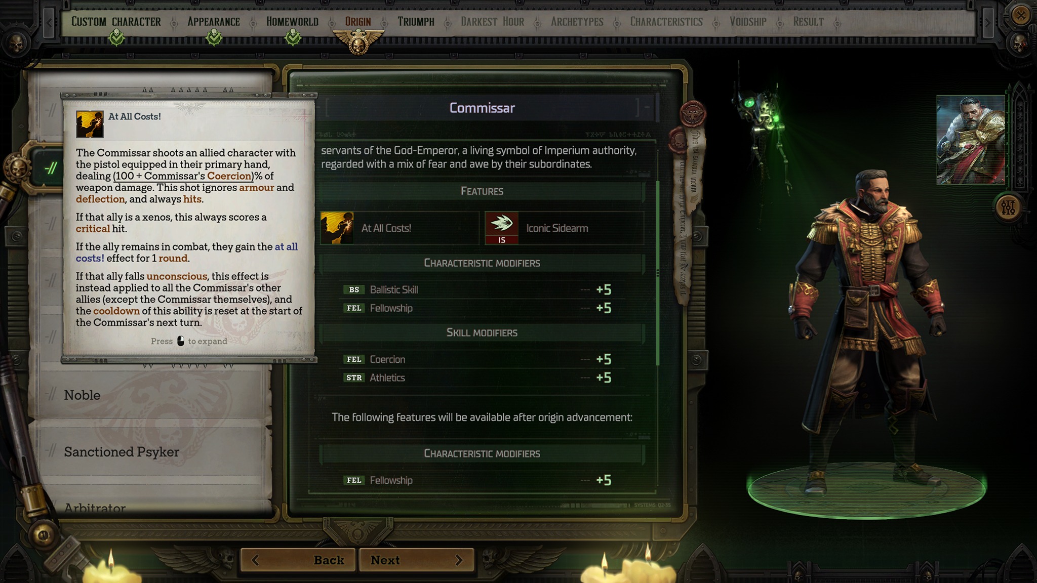 Внутриигровой скриншот происхождения персонажа «Комиссар» в Warhammer 40,000: Rogue Trader