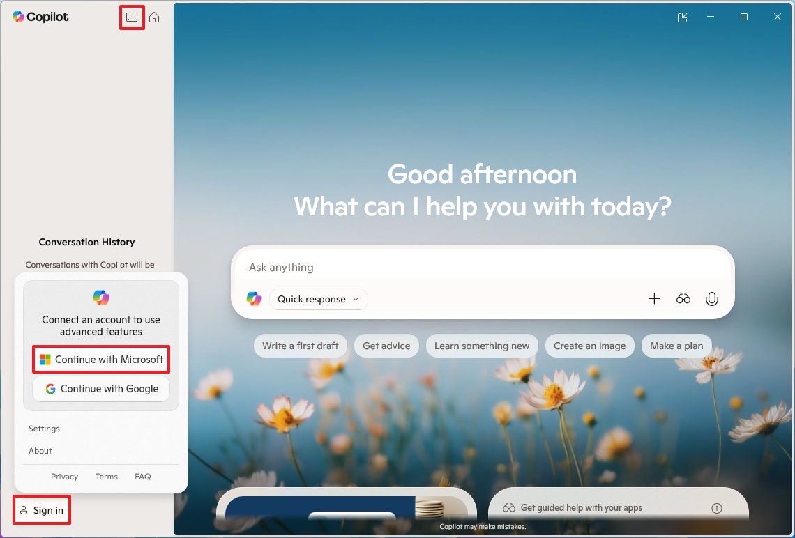 Copilot app sign in option