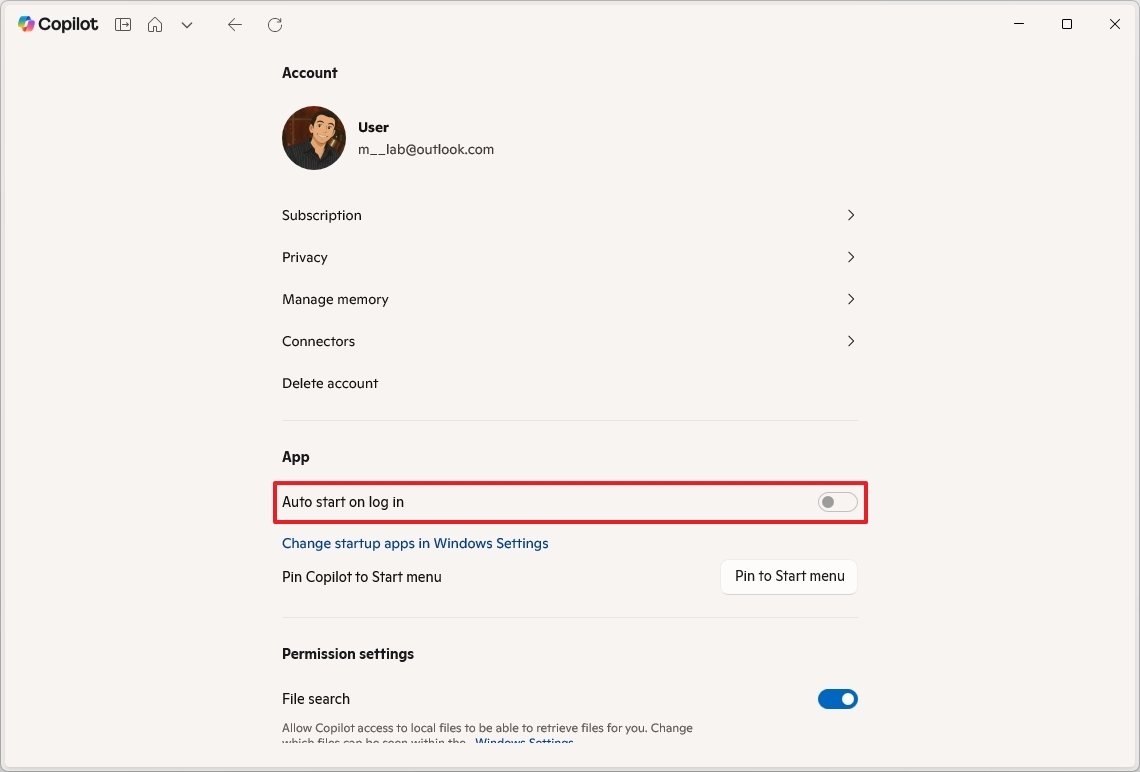 Copilot auto start on log in